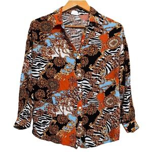 Silk & Salt Women's Blouse Top Button Up Shirt Medium Artsy Colorful Art To Wear